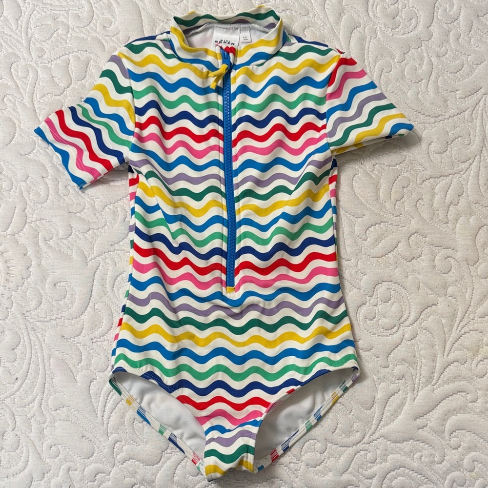 Mini Boden Multicolor Wavy Stripe Zip-Up Swimsuit Size 6/7